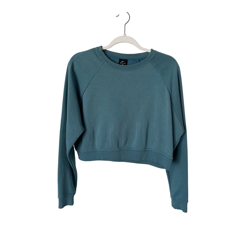 Nike Dri-FIT Cropped Sweatshirt Teal Blue Just Do It‎ Embossed Pullover Small